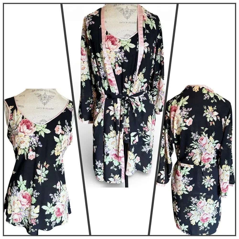 Vintage Oscar De La Renta Pink Label Floral Kimono Robe and Cami Set Black Pink